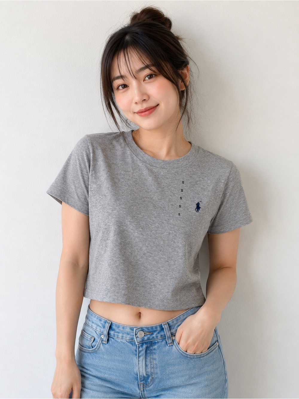 Ralph Lauren Heather Gray Cropped Tee with Navy Pony